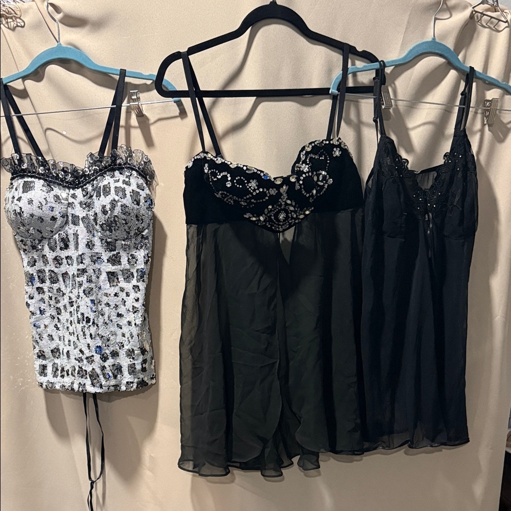 Three Black & White Beaded Lingerie Tops